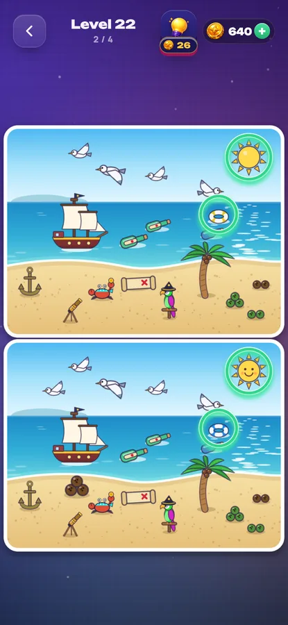 Spot It: level 22, a beach scene, two pictures and rings on the found differences