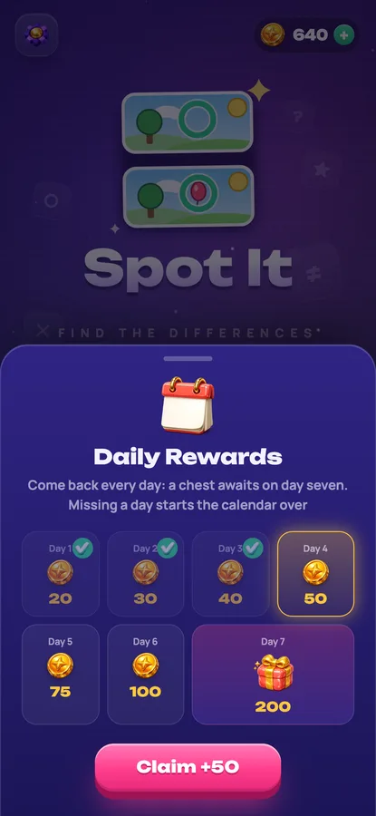 Spot It: daily rewards with a chest of coins on day seven