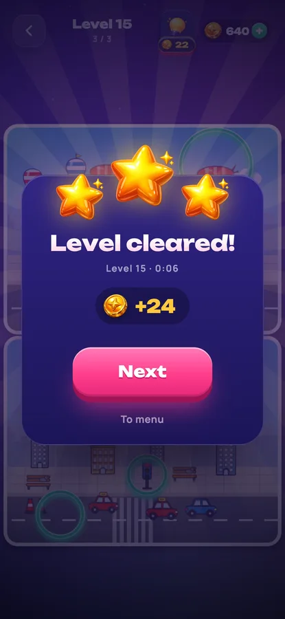 Spot It: the level complete screen with three stars and a coin reward