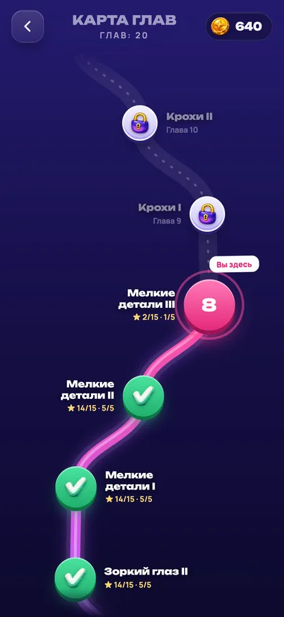 Отличия: карта глав с пройденными уровнями и звёздами
